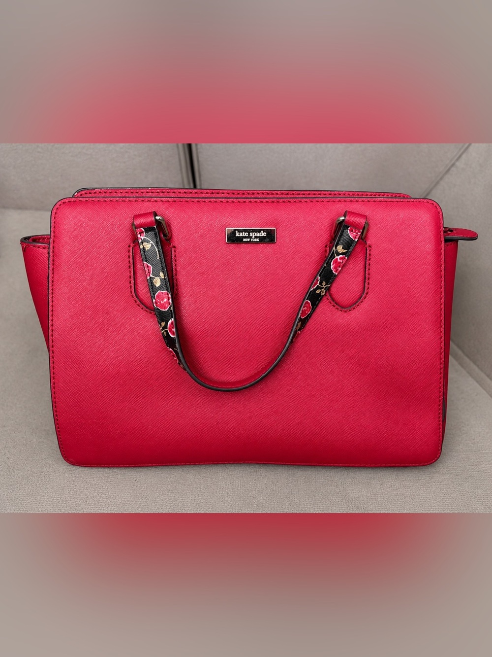 Kate Spade New York Red Floral Saffiano Leather Satchel Crossbody Purse - Picture 4 of 10